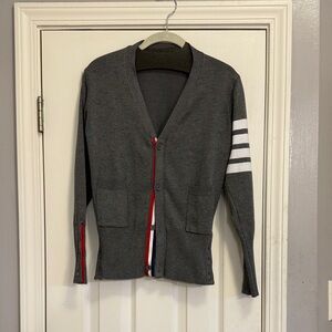 Gray Cardigan with White Stripes